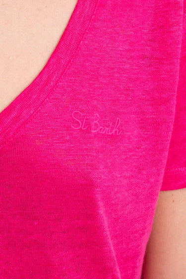 T-shirt Donna MC2 Saint Barth Eloise scollo a V in lino - Crush Store